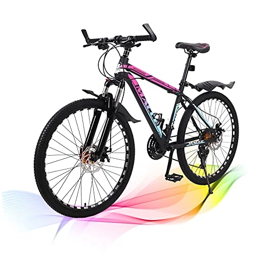 Bicicletas de montaña : Bicicleta de montaña para adultos, ruedas de radios de 26 pulgadas, bicicletas de montaña de 27 velocidades, suspensión de freno de disco dual bicicleta de montaña, marco de acero ligero fuerte (rosa)