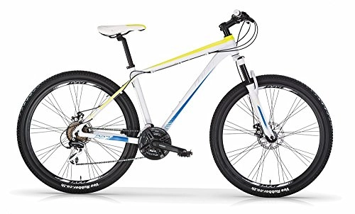 Bicicletas de montaña : Bicicleta MBM 227 de aluminio, suspensión delantera, 27.5", 17 velocidades, frenos de disco opcionales (Blanco Mate / Azul Neon con Frenos de disco, 40)