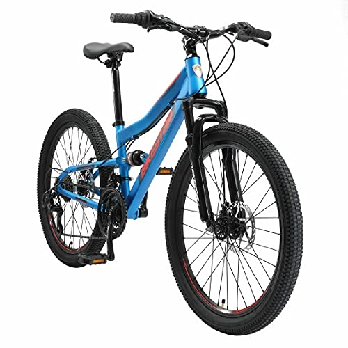 Bicicletas de montaña : BIKESTAR Bicicleta de montaña Suspensión Doble Bicicleta Juvenil 24 Pulgadas de 8 años | Cambio Shimano de 21 velocidades, Freno de Disco, Fully | niños Bicicleta Azul
