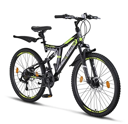 Bicicletas de montaña : Chillaxx Bike Falcon - Bicicleta de montaña prémium de 24 y 26 pulgadas, para niños, niñas, mujeres y hombres, freno de disco, 21 velocidades, suspensión completa, freno de disco negro y lima