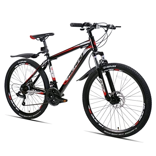 Bicicletas de montaña : Hiland Bicicleta de Montaña 26 Pulgadas con Bolsa de Sillín, Bicicleta para Hombre y Mujer con Freno de Disco y Ruedas de Radios, Negro y Rojo