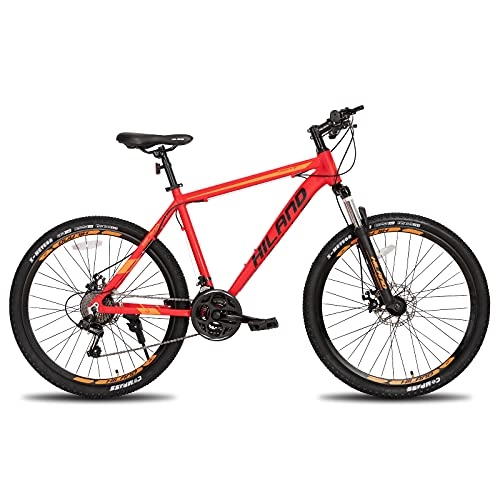 Bicicletas de montaña : HILAND Bicicleta de montaña con Ruedas de radios de 26 Pulgadas, Marco de Aluminio, 21 Marchas, Freno de Disco, Horquilla de suspensión, Color Rojo…