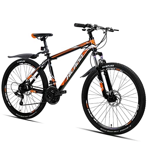Bicicletas de montaña : Hiland Bicicleta de Montaña de 26 Pulgadas con Marco de Aluminio de 17 Pulgadas, Negro y Naranja, Freno de Disco Horquilla de Radios, Bicicleta para Juventud Adultos Unisex Hombre y Mujer…