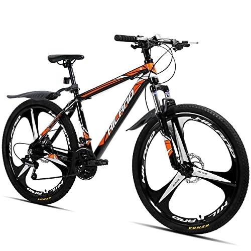 Bicicletas de montaña : Hiland Bicicleta de Montaña de 26 Pulgadas con Marco de Aluminio de 17 Pulgadas, Negro y Naranja, Freno de Disco Horquilla de Suspensión 3 Ruedas de Radios, Bicicleta para Juventud Hombre y Mujer