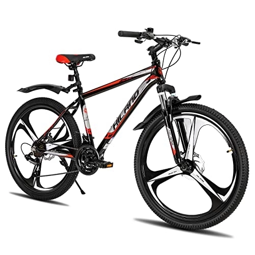 Bicicletas de montaña : HILAND Bicicleta de Montaña de 26 Pulgadas con Marco de Aluminio de 17 Pulgadas, Negro y Rojo, Freno de Disco Horquilla de Suspensión 3 Ruedas de Radios, Bicicleta para Juventud Hombre y Mujer