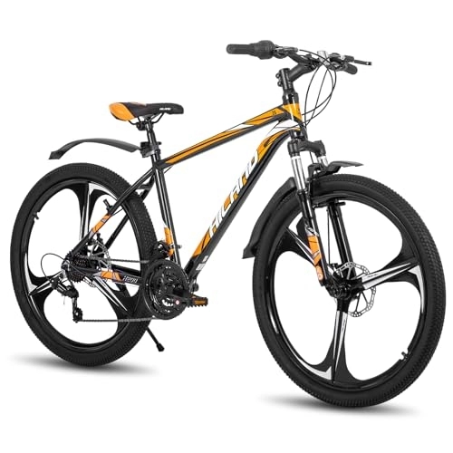 Bicicletas de montaña : Hiland - Bicicleta de montaña de 26 pulgadas con marco de aluminio, freno de disco, horquilla de suspensión, 3 ruedas de radios, para jóvenes, hombres, mujeres, color negro y naranja