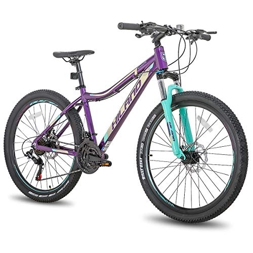 Bicicletas de montaña : Hiland Bicicleta de Montaña de 27, 5 Pulgadas, Cuadro de Aluminio, 24 Velocidades, Disco Dual con Horquilla de Suspensión Lock-out para Mujeres, Color Morado…