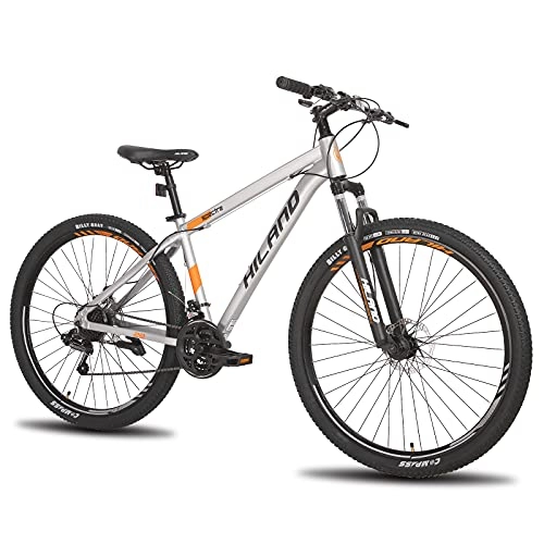 Bicicletas de montaña : Hiland - Bicicleta de montaña de 29 pulgadas con ruedas de radios, marco de aluminio, 21 marchas, freno de disco, horquilla de suspensión gris, cuadro de 432 mm