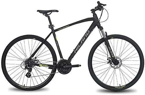 Bicicletas de montaña : HILAND Bicicleta Híbrida 700C con Cuadro de Aluminio Shimano 24 Velocidades, Horquilla de Suspensión Lock-out con Freno de Disco Negro