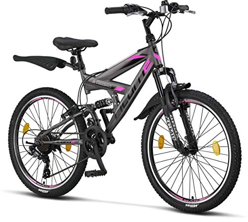 Bicicletas de montaña : Licorne Strong Bike - Bicicleta de montaña prémium de 26 pulgadas, para niños, niñas, mujeres y hombres, cambio de 21 velocidades, suspensión completa, Niñas, Gris antracita / rosa., 24 Pulgadas