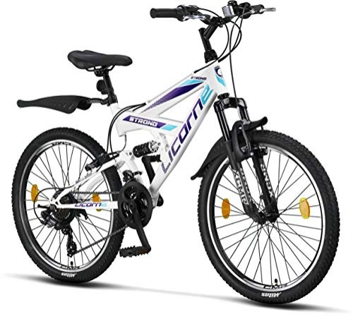 Bicicletas de montaña : Licorne Strong Bike - Bicicleta de montaña prémium de 26 pulgadas, para niños, niñas, mujeres y hombres, cambio Shimano de 21 velocidades, suspensión completa, Niñas, blanco / morado, 24 Pulgadas