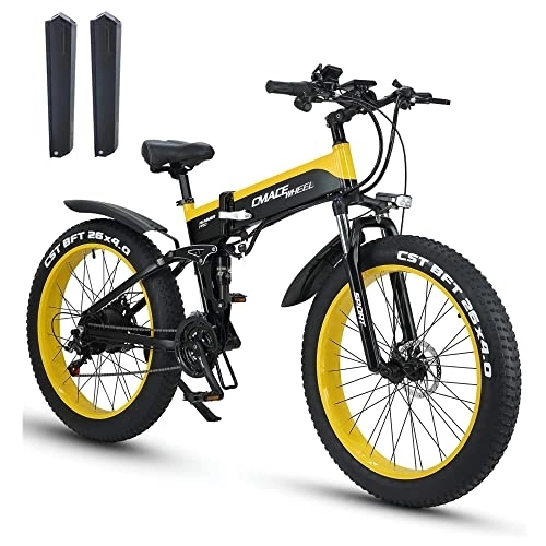 Bicicletas eléctrica : 26'' Bicicleta Electrica Montaña, Bicicleta Eléctrica Plegable 2 * 10.8Ah batería Litio 48V, con Neumático Gordo 26"* 4", Kilometraje de Recarga hasta 120km, E-MTB Full Suspension (Giallo)