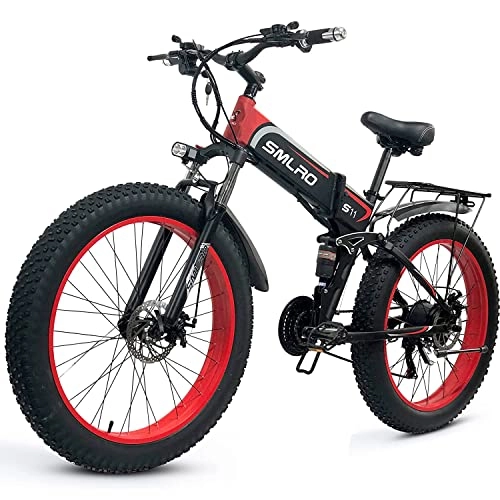 Bicicletas eléctrica : 26'' Bicicleta Eléctrica de Montaña 48V 10, 4AH, Bicicleta eléctrica Plegable con Doble Suspension, Neumáticos gordos de 4, 0'', 7 Velocidades, Bicicleta Electrica Urbana E-Bike (Rojo)