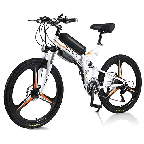 Bicicletas eléctrica : AKEZ Bicicleta Eléctrica Montaña Plegable, 26" E-Bike MTB Pedal Assist, Bici Electrica Plegable Urbana Ebike Adultos, Shimano 21 Velocidades Batería Extraíble de 36V (Blanco)