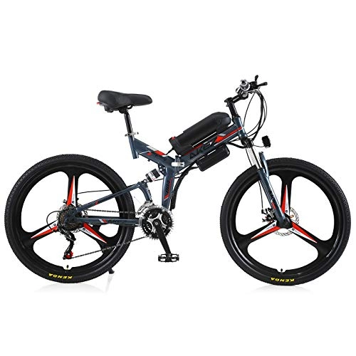 Bicicletas eléctrica : AKEZ Bicicleta eléctrica plegable de 26 pulgadas, bicicleta eléctrica plegable para adultos 250W pedelec, para hombre y mujer, bicicleta eléctrica con batería de 36V (gris y rojo)