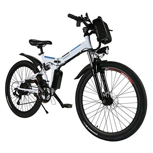 Bicicletas eléctrica : AMDirect Bicicleta de Montaa Elctrica Bici Plegable Ebike con Rueda de 26 Pulgadas Batera de Litio de Gran Capacidad 36V 250W 21 Velocidades Suspensin Completa Premium y Engranaje Shimano (Blanco)