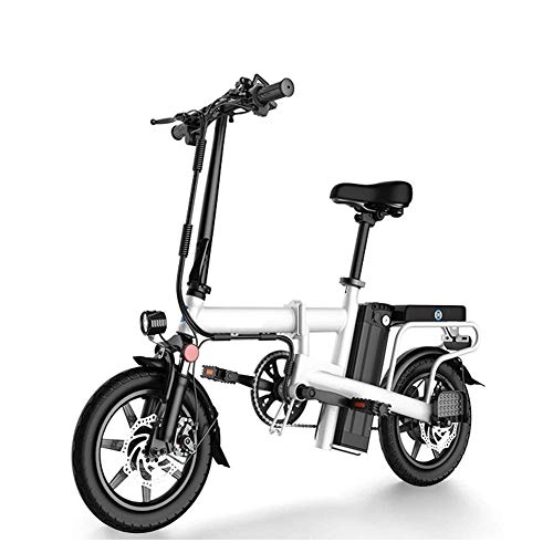 Bicicletas eléctrica : AYHa Bicicleta eléctrica plegable para adultos, frenos de disco doble, bicicleta eléctrica asistida de ciudad de 14 pulgadas, amortiguador hidráulico de aire, batería extraíble de 48 V, Blanco, 12AH
