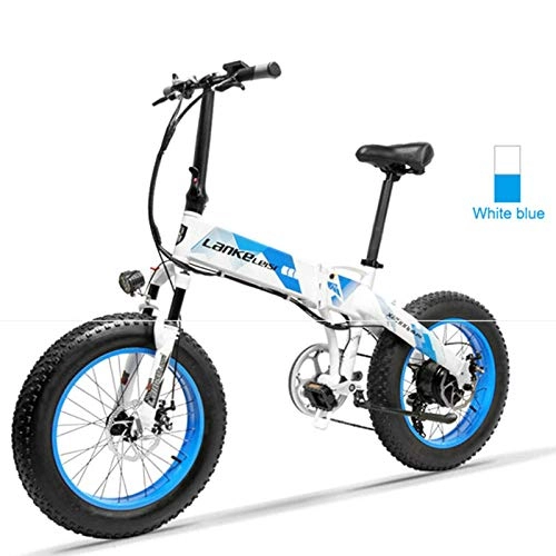 Bicicletas eléctrica : Bicicleta elctrica de nieve de 20 pulgadas de grasa bicicleta elctrica 48V500W plegable bicicleta de montaña elctrica rango de batera de litio oculta 50-100 km hbrido-blanco azul_48V12.8AH