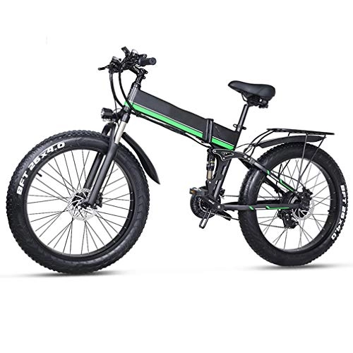 Bicicletas eléctrica : Bicicleta Elctrica Plegable 26"", 48V 12.8Ah Batera de Litio Plegable Bicicleta Moto de Nieve / ATV 21 Velocidades Inteligente Motor de 1000 W Proporciona un Mximo de 40 km / h, Verde