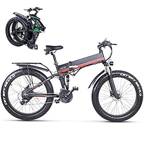 Bicicletas eléctrica : Bicicleta Electrica Montaña, Fat Bike Bici Electrica Bicicletas 26 pulgadas, 48V 1000W de alta Velocidad Bicicletas Electricas Plegables 12.8AH Batería de litio Extraíble, ebike Amortiguadora, Rojo