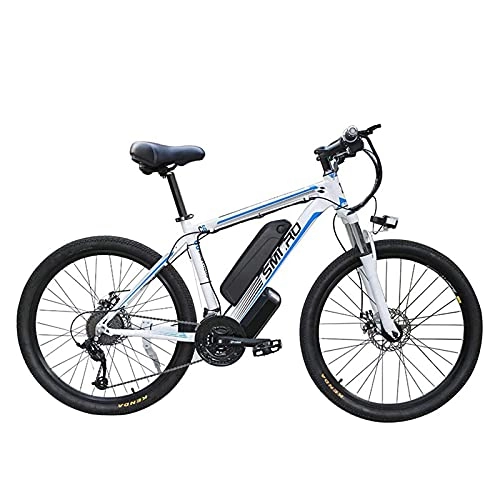 Bicicletas eléctrica : Bicicleta eléctrica de montaña a campo traviesa, motor de 350W e-bike de 26 pulgadas 48V 13Ah Batería de litio desmontable Engranaje de 21 velocidades e-bike Freno de disco doble unisex (white blue)