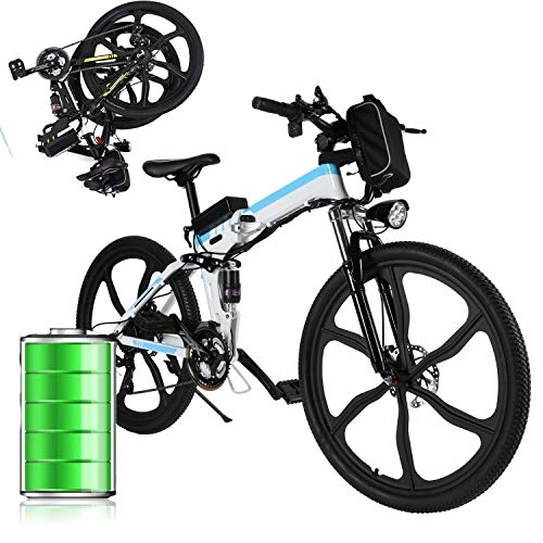 Bicicletas eléctrica : Bicicleta eléctrica de montaña eléctrica para hombre y mujer adultos con 250 W batería extraíble de 36 V / 8 Ah, hasta 32 km / h profesionales de 21 velocidades (blanco-azul)