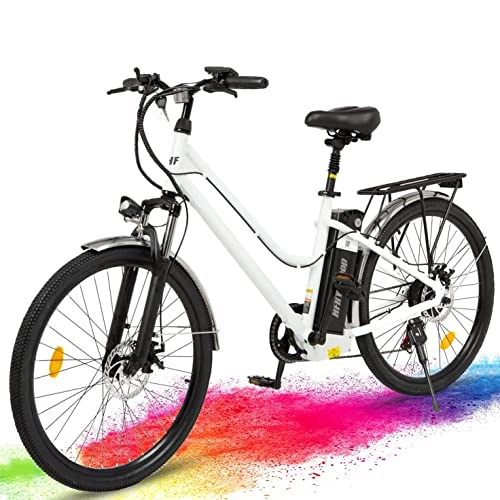Bicicletas eléctrica : Bicicleta Eléctrica para Mujeres 250W 36V 10AH, Shimano de 7 Velocidades, con Medidor LCD Bicicleta de Ciudad (Blanquecino)