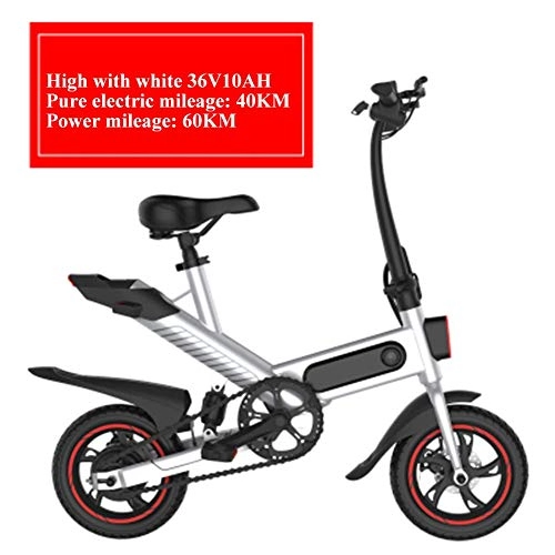 Bicicletas eléctrica : Bicicleta Eléctrica Plegable con Batería De Iones De Litio De 36 V Y 10 Ah, Bicicleta Eléctrica De 12 Pulgadas con Motor Sin Escobillas De 250 W, Luz De Bicicleta LED, 3 Modos White