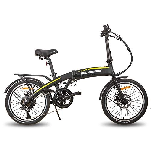 Bicicletas eléctrica : Bicicleta eléctrica plegable Rockshark, de aluminio, 20 pulgadas, 36 V / 250 W / 7, 8 Ah, con desviador Shimano de 7 velocidades, freno de disco, peso ligero