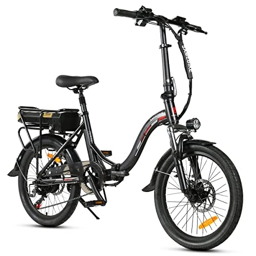 Bicicletas eléctrica : Bicicleta eléctrica Plegable SAIWOO de 20 Pulgadas con Shimano de 7 velocidades, Faro LED, luz Trasera de Freno Trasero, Soporte de Carga de teléfono USB, Unisex