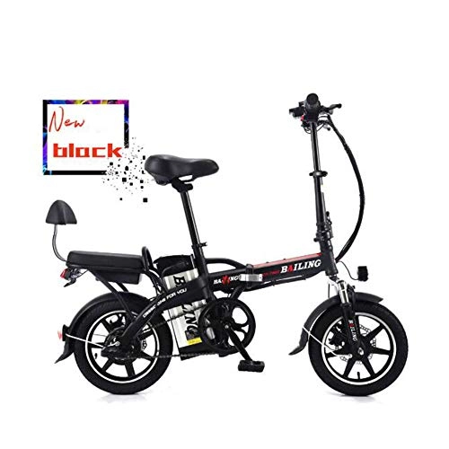 Bicicletas eléctrica : CJCJ-LOVE 14 Pulgadas Plegable Bicicleta Eléctrica, 48V / 12A / 350W Resistencia 40-50 Km Batería De Litio E-Bike Tandem Bicicletas Dos Asientos, Negro