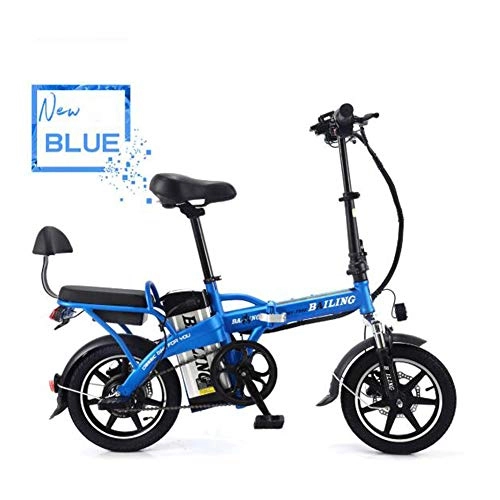 Bicicletas eléctrica : CJCJ-LOVE Bicicletas Plegables Elctricos, 14 Pulgadas De 48V / 8A / Batera De Litio 350W Tndem E-Bici, Resistencia 25-30 Kilmetros Bicicletas De Doble Asiento, Azul