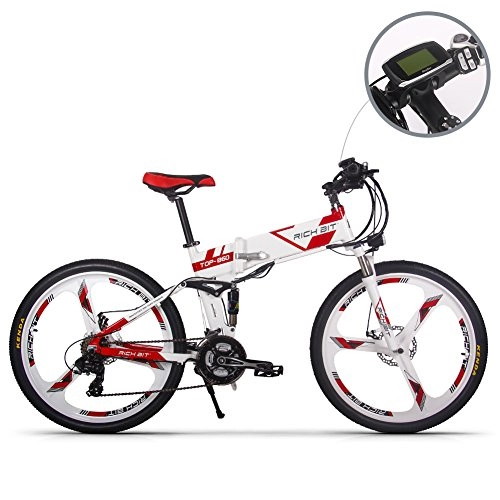 Bicicletas eléctrica : cysum Bicicleta eléctrica RT860 36V 12.8A batería de Litio Bicicleta Plegable Bicicleta de montaña 17 * 26 Pulgadas Bicicleta eléctrica Inteligente (Blanco-Rojo)