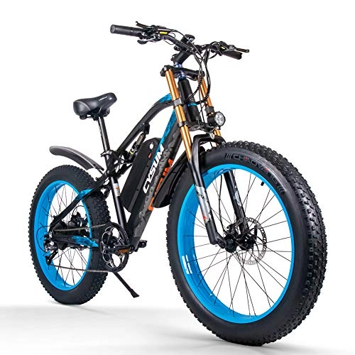 Bicicletas eléctrica : cysum Bicicletas eléctricas para Hombres, Fat Tire Ebikes de 26 Pulgadas Bicicletas Todo Terreno, Bicicleta de montaña para Adultos con 48V 17Ah Batería de Litio extraíble (Black-Blue)