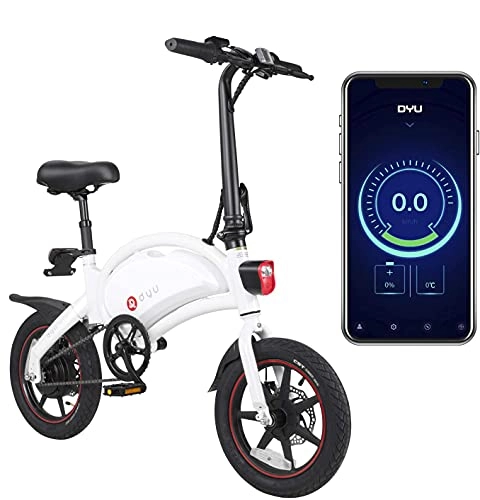 Bicicletas eléctrica : DYU D3 Plus Bicicleta eléctrica plegable, Smart Bike para adultos, batería de iones de litio extraíble de 36 V / 10 Ah, 240 W, aleación de aluminio con 3 modos de conducción (blanco)