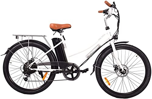 Bicicletas eléctrica : Fafrees Bicicleta eléctrica para hombre de 26 pulgadas, City 36 V 10 Ah, Shimano de 7 velocidades, motor de 350 con LED, batería extraíble para estudiantes de Navidad, color blanco