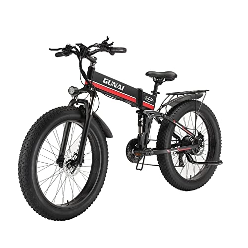 Bicicletas eléctrica : GUNAI Bicicleta eléctrica 26 Pulgadas Bicicleta de Nieve Plegable con neumáticos Gruesos Bicicleta eléctrica de montaña de 7 velocidades con Asiento Trasero （Rojo）