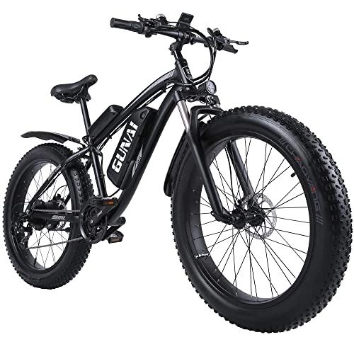 Bicicletas eléctrica : GUNAI Bicicleta Eléctrica Fat Bike 26 "4.0 Neumático Off-Road E-Bike 48V 17AH Bicicleta de Montaña con Asiento Trasero（Negro）