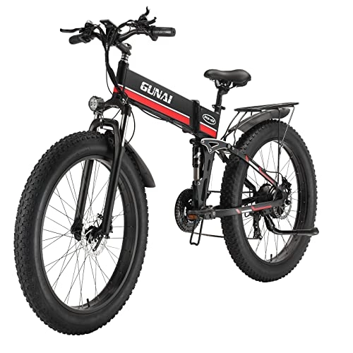 Bicicletas eléctrica : GUNAI Bicicleta EléCtrica Plegable Fat Tire Bicicleta de Nieve de 26 Pulgadas Asiento Trasero de Bicicleta EléCtrica de MontañA de 21 Velocidades (Rojo)