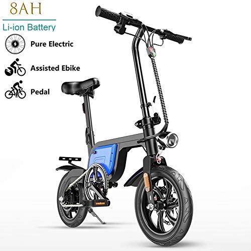 Bicicletas eléctrica : GUOJIN Bicicleta Electrica 250W Motor Bicicleta Plegable 25 Km / H, Bici Electricas Adulto Ruedas De 12", Batera 36V 8.0Ah, Asiento Ajustable 3 Modos De Conduccin, Azul