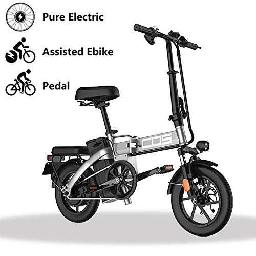 Bicicletas eléctrica : GUOJIN Bicicleta Eléctrica Plegable E-Bike De hasta 25 Km / H con Motor De 350 W, Batería 48V 9.6Ah, Asiento Ajustable, Bici Electricas 14", para Adultos Y Viajeros, Gris