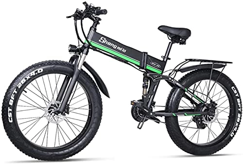 Bicicletas eléctrica : Haowahah Shengmilo bicicleta eléctrica completa bicicleta plegable bicicleta 26 pulgadas 4.0 neumático grande MX01 48V 12.8ah 1000W actualización tenedor (verde, una batería)