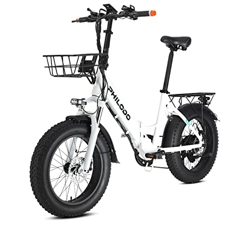 Bicicletas eléctrica : HFRYPShop Bicicletas Electricas Plegables, 250W E-Bike de Off-Road Fat De Frenos Hidráulicos, Batería Litio 48V 13Ah (624Wh) 70KM, con Neumático Gordo 4.0'', Cesta de Carga Delantera (Blanco)