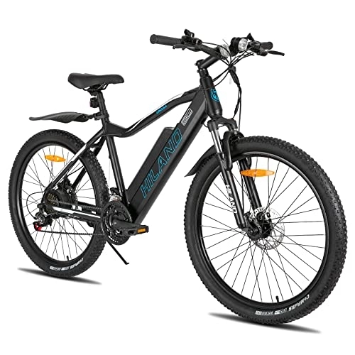 Bicicletas eléctrica : HILAND 26 Pulgadas Bicicleta Eléctrica Motor 250 W, E-MTB para Hombre y Mujer con Shimano 21 Velocidades con Batería de Litio de 36 V 10, 4 Ah e Iluminación, Bicicleta de Montaña, Negro