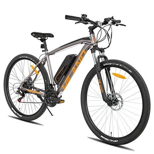 Bicicletas eléctrica : Hiland Bicicleta de Montaña Eléctrica de 26 Pulgadas para Hombre y Mujer E-MTB con Shimano de 21 Marchas y Freno de Disco E-Bike con Horquilla de Suspensión, Color Gris…