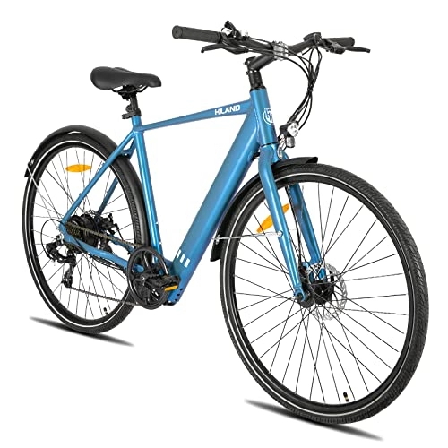 Bicicletas eléctrica : HILAND Bicicleta eléctrica de 28 pulgadas, bicicleta de trekking, bicicleta urbana, 250 W, motor Shimano de 7 velocidades, batería de 36 V para jóvenes, niñas, jóvenes, hombres, mujeres, azul