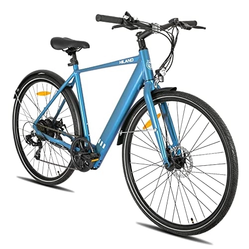 Bicicletas eléctrica : HILAND Bicicleta Eléctrica de 28 Pulgadas Motor 250 W, Bicicleta Urbana Shimano de 7 Velocidades para Hombres Mujeres Jóvenes y Niñas con Batería de 36 V, Azul