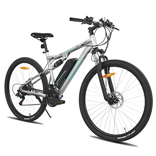 Bicicletas eléctrica : Hiland - Bicicleta eléctrica de 29 pulgadas, para hombre y mujer, con suspensión completa, motor de 250 W, batería de litio de 36 V, 10, 4 Ah, 21 velocidades, suspensión completa, color gris