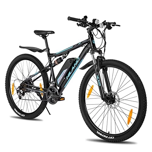 Bicicletas eléctrica : HILAND Bicicleta eléctrica de montaña eléctrica de 29 pulgadas, para mujer y hombre, con suspensión completa, con motor de 250 W, 21 marchas, suspensión completa, frenos de disco, negro