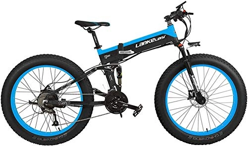 Bicicletas eléctrica : JINHH 27 Velocidad 500W Bicicleta elctrica Plegable 26 * 4.0 Fat Bike 5 Pas Freno de Disco hidrulico 48V 10Ah Carga de batera de Litio extrable (Azul estndar, 500W + 1 Repuesto